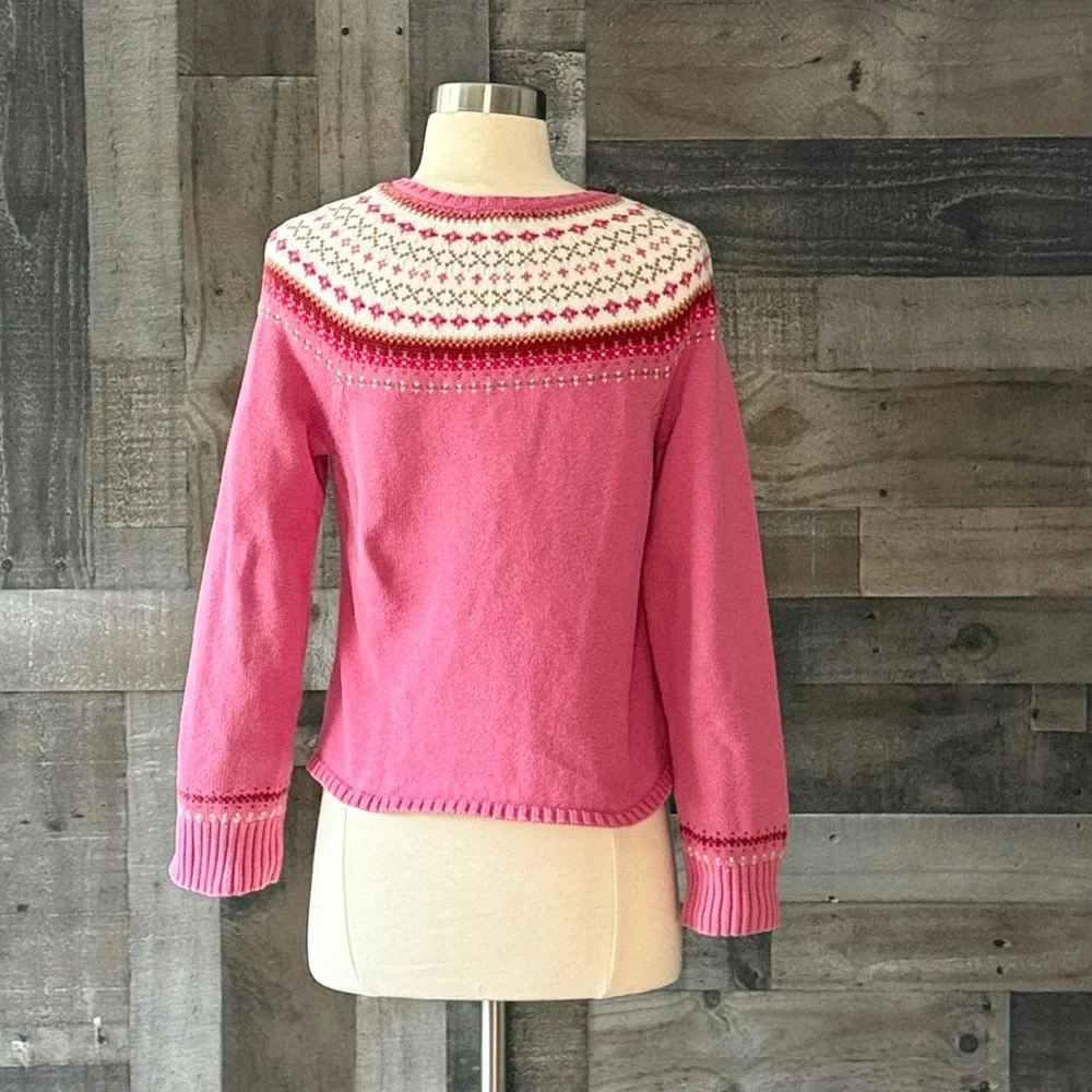 Lands’ End pink knit Nordic pattern sweater girls size 14 preppy holiday winter